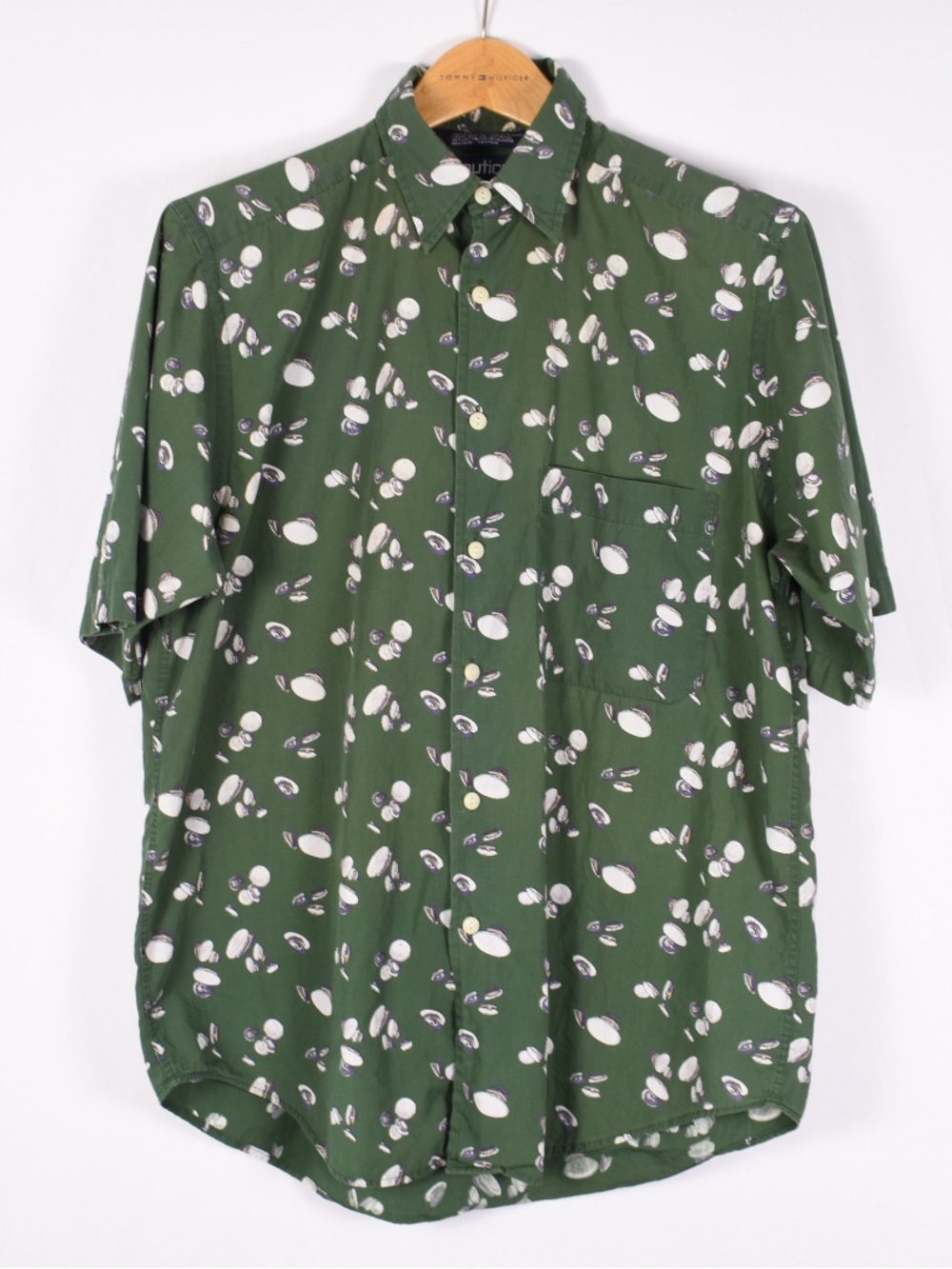 Nautica Green Short-Sleeve Button-Down Shirt with White Dot Pattern